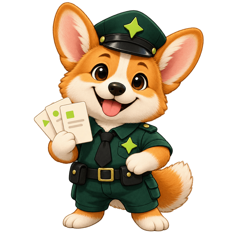 COP-e, a cheerful corgi officer holding three content cards