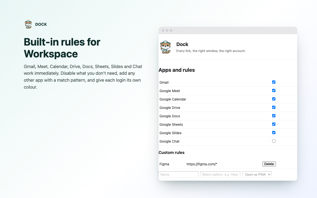 Dock's settings page, showing built-in and custom rules and account colours