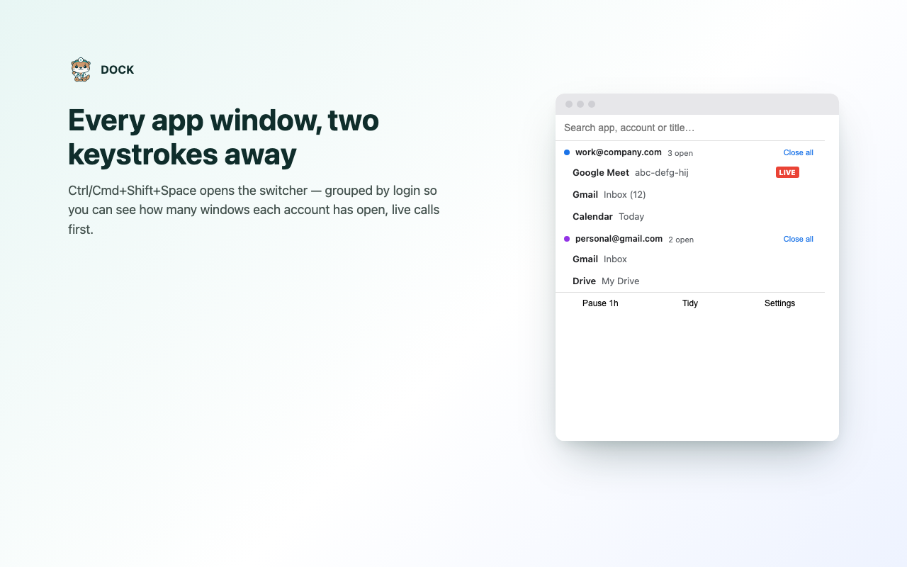 Dock's switcher popup, listing app windows grouped by account with open-window counts and a live call badge